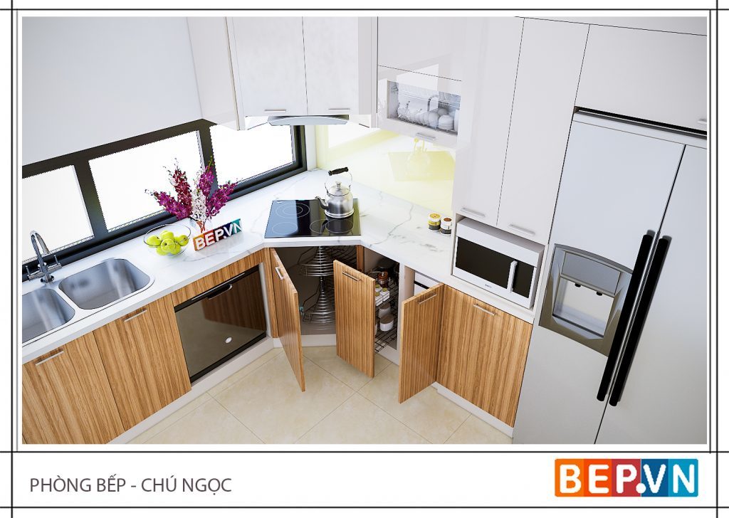 Thiết kế tủ bếp chữ L với giá góc liên hoàn