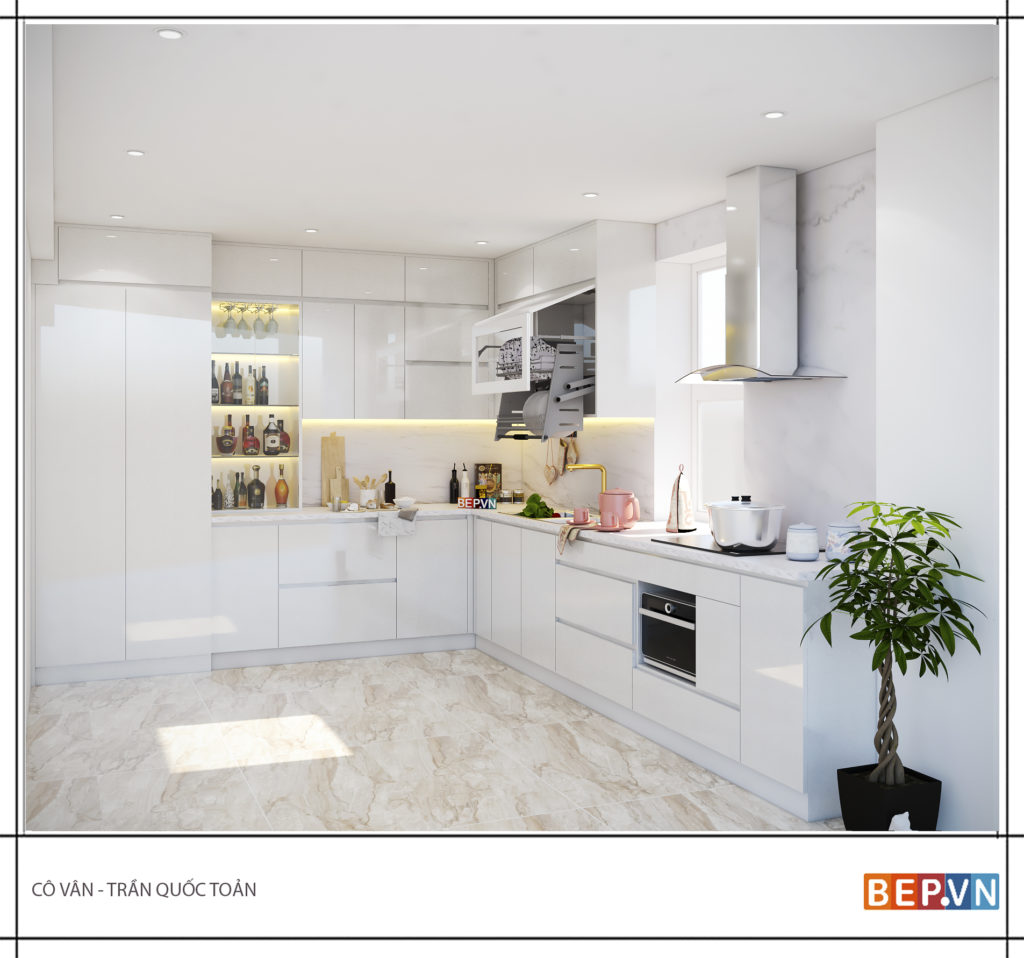 Tủ bếp với gam màu trắng sang tinh tế khiến cho phòng bếp rộng hơn