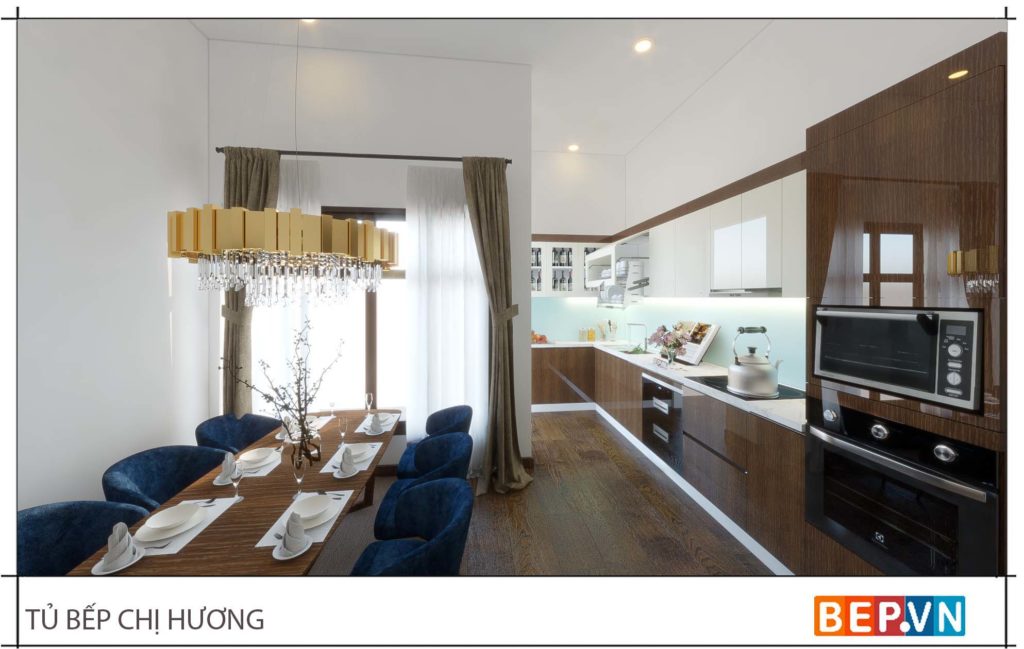 Mẫu tủ bếp kết hợp giữa hai chất liệu Acrylic và Laminate